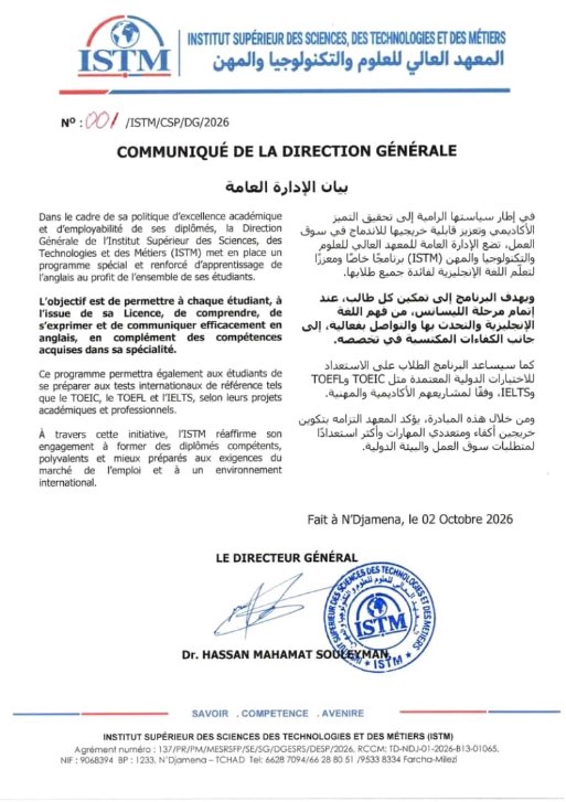 COMMUNIQUÉ DE LA DIRECTION GÉNÉRALE